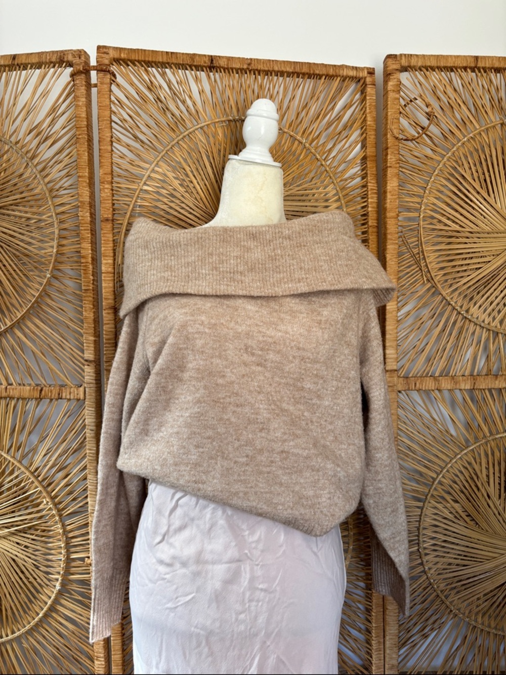 Cozy H&M Off-Shoulder Knit Sweater in Light Taupe